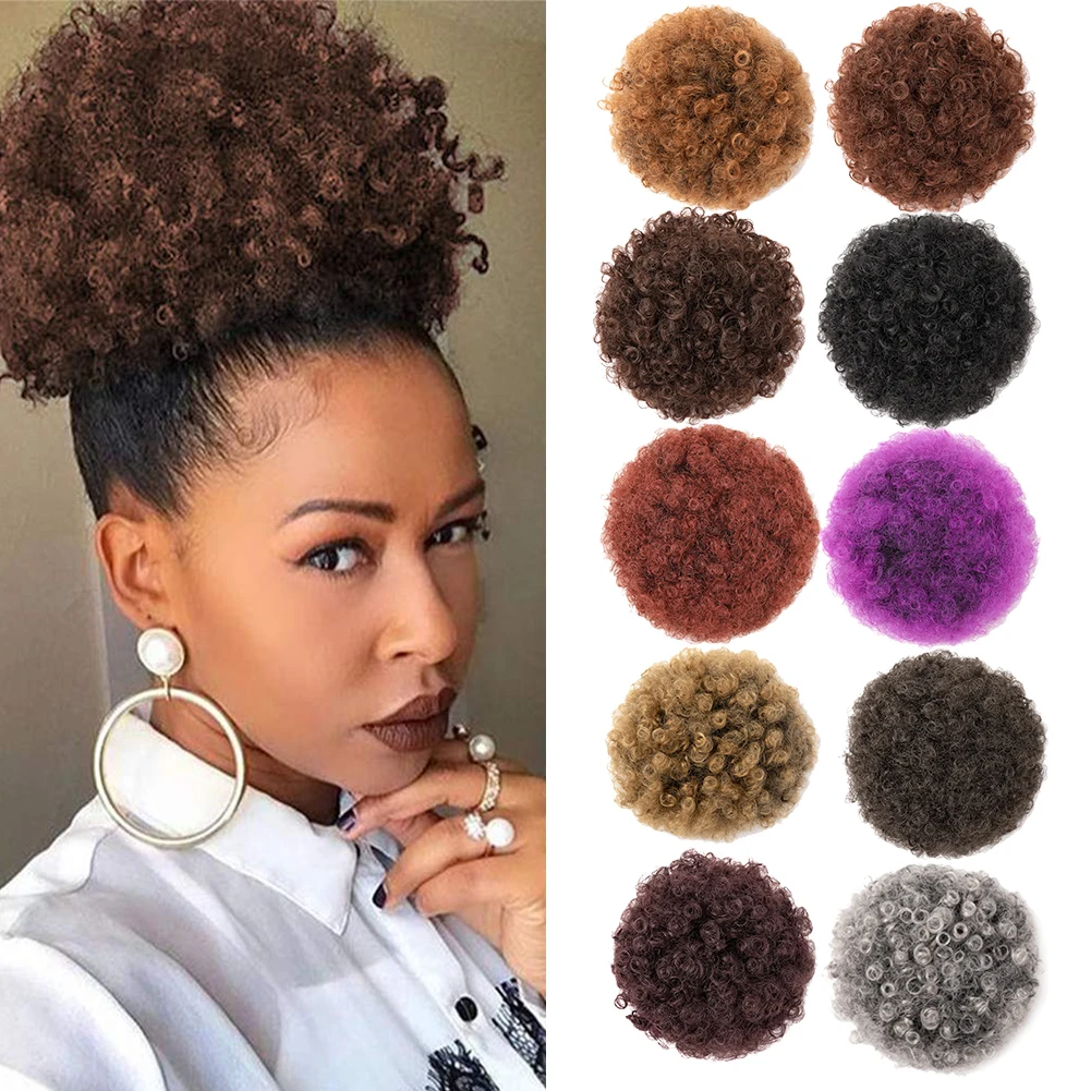 Afro Puff Kordelzug-Pferdeschwanzverlängerung für schwarze Frauen, schwarzer kurzer synthetischer Afro Puff-Pferdeschwanz für natürliches Haar, Clip On Kink Image