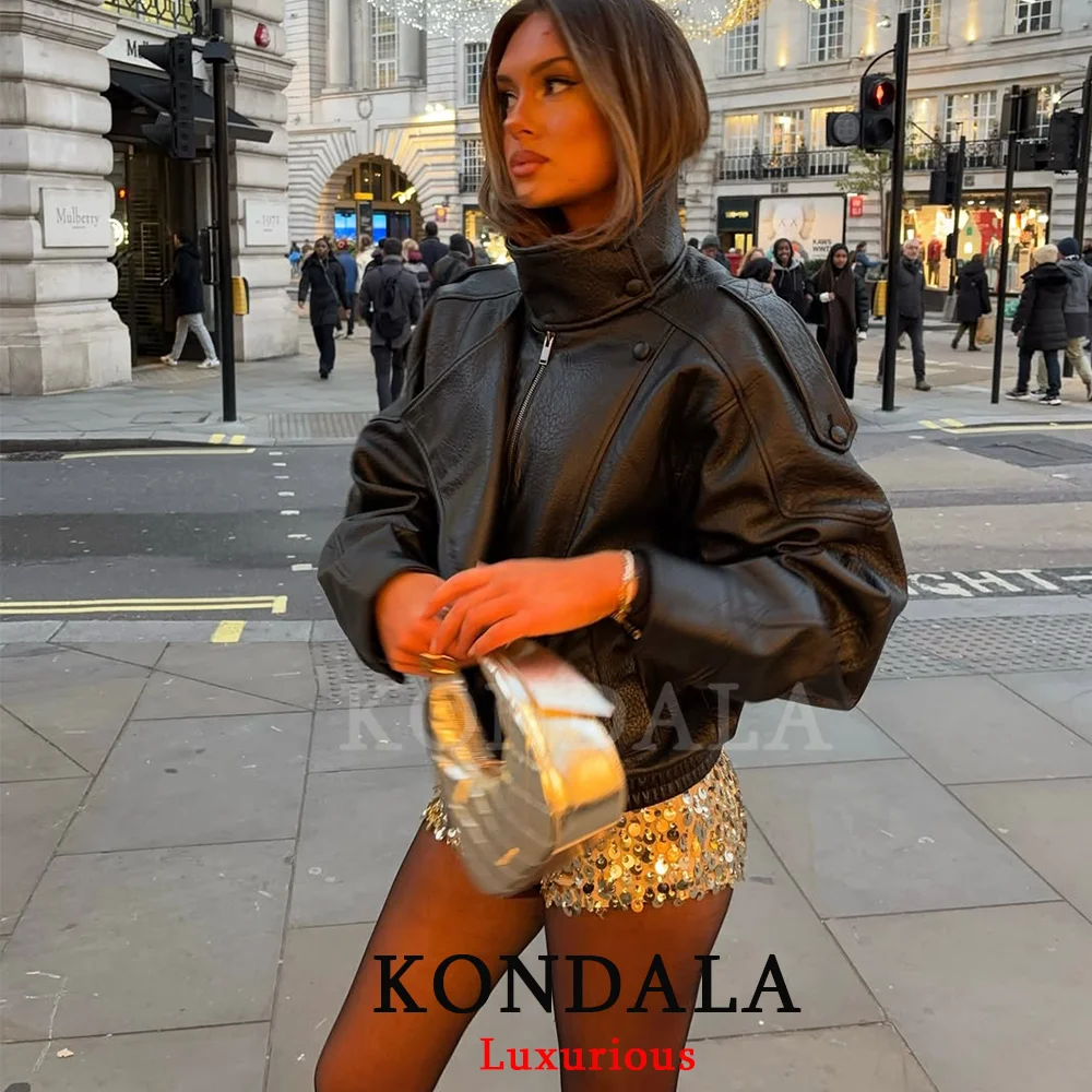 KONDALA Casual Chic Schwarz Leder Jacken Frauen Langarm Tasten Elastische Übergroße Mäntel Mode 2026 Frühling Streetwear Mäntel