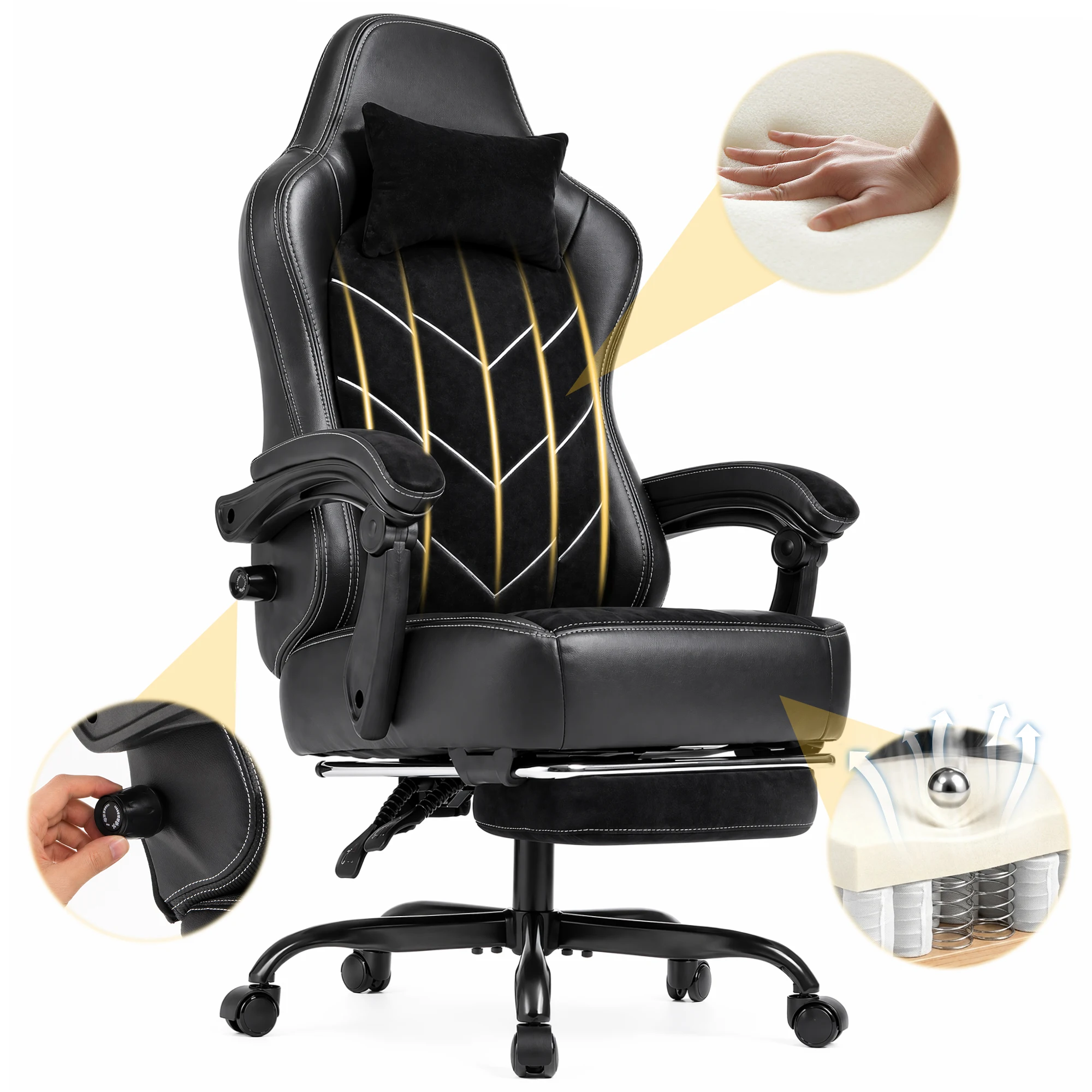 HOMALL Bequemer Gaming-Stuhl mit breitem, dick gepolstertem Sitzkissen, Bürostuhl mit verstellbarer Rückenlehne und Fußstütze