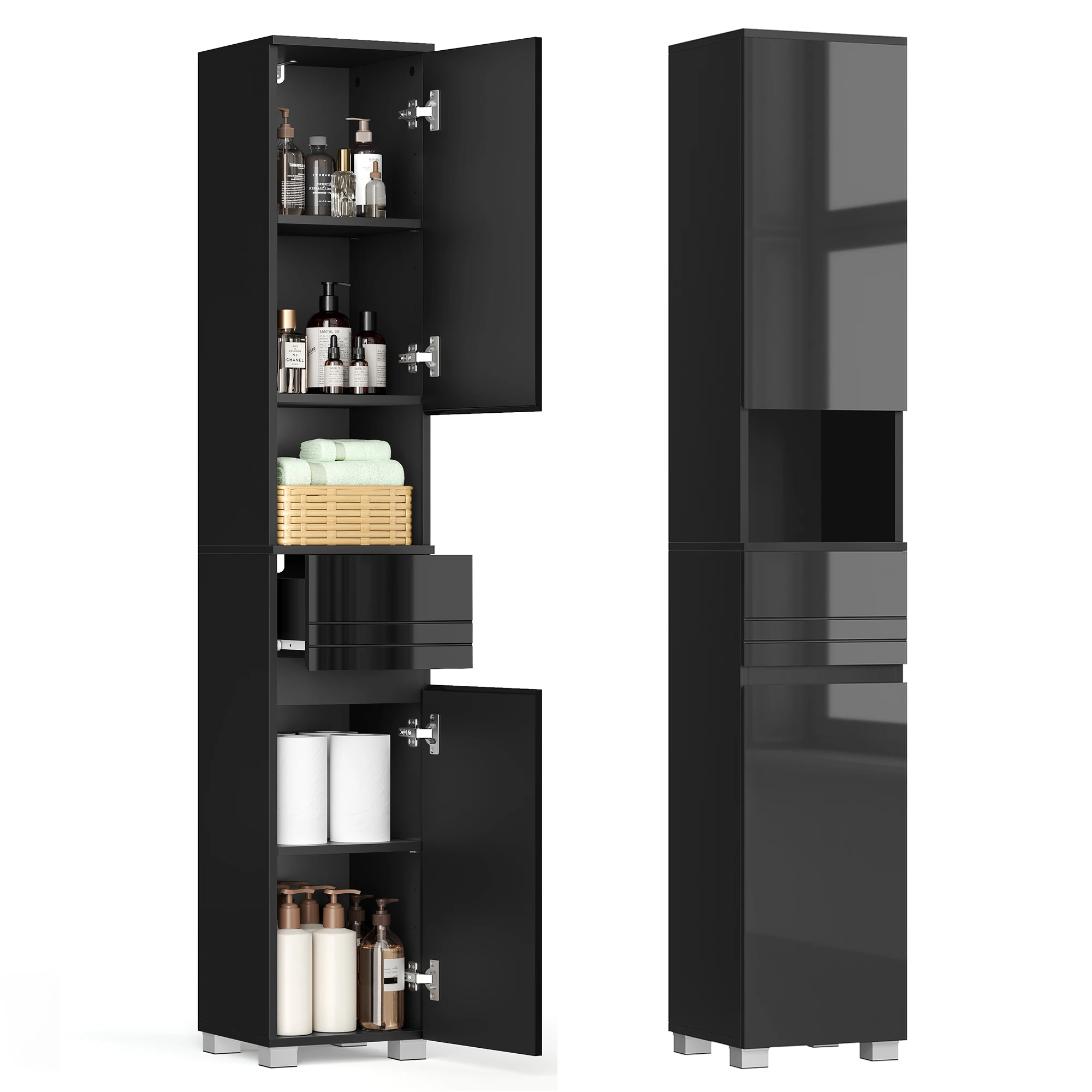 VASAGLE Badezimmerschrank, Badschrank, Badezimmermöbel mit einer Schublade, verstellbare Ablagen, offenes Fach, 30 x 30 x 170 cm Image