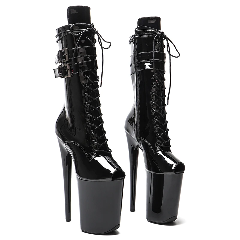 Leecabe 23 cm/9 Zoll glänzende Lack-PU-Stiefel mit kleiner offener Zehenpartie, trendige Mode-Absätze, Stripper-Plateau, High-Heel-Pole-Dance-Stiefel