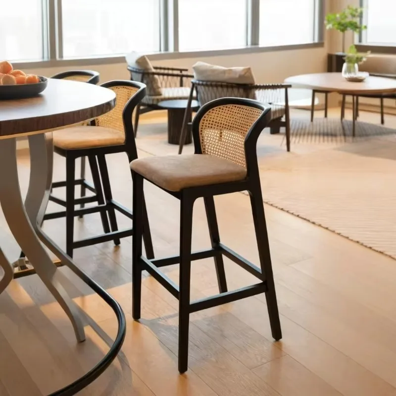Nordic Zurück Barhocker Hohe Moderne Rattan Holz Haushalt Rückenlehne Küche Barhocker Esszimmer Vintage Barkruk Home Möbel