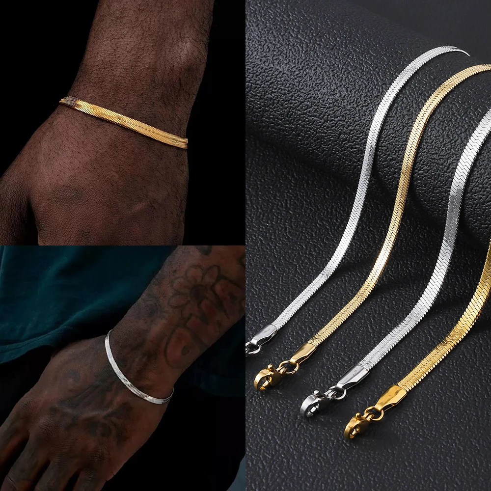 Gold Silber Farbe Edelstahl Flache Kette Armband Für Männer Retro Schmuck Trendy Zubehör Frauen Wrap Armreif Image
