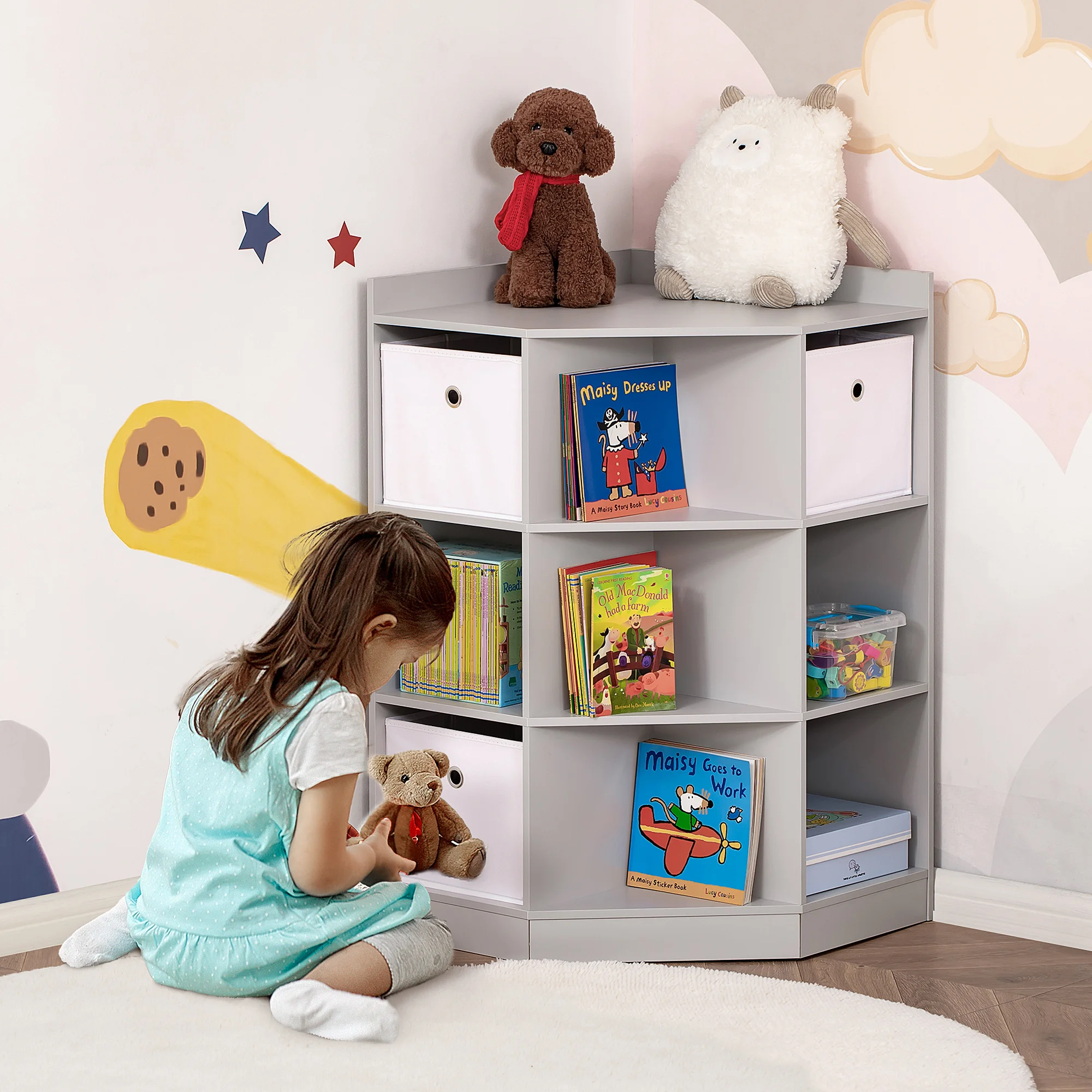 HOMCOM Kinderregal Eckregal mit 3 Aufbewahrungsboxen Kinderzimmer