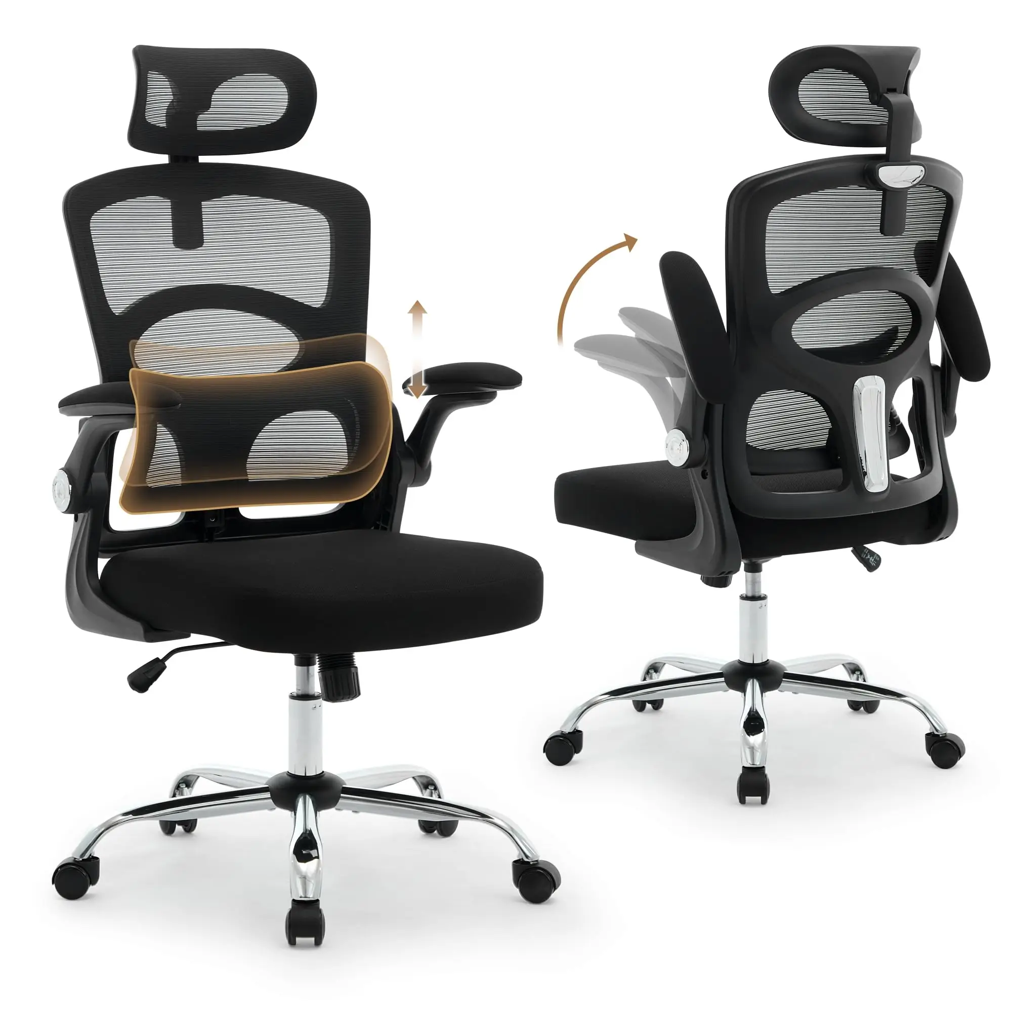 Ergonomischer Hochlehner-Netzstuhl mit Verstellbarer Kopfstütze und Lendenwirbelstütze 360° Drehbar ° Drehbare Rollende Computer-Gaming-Stühle für Zuhause und Büro