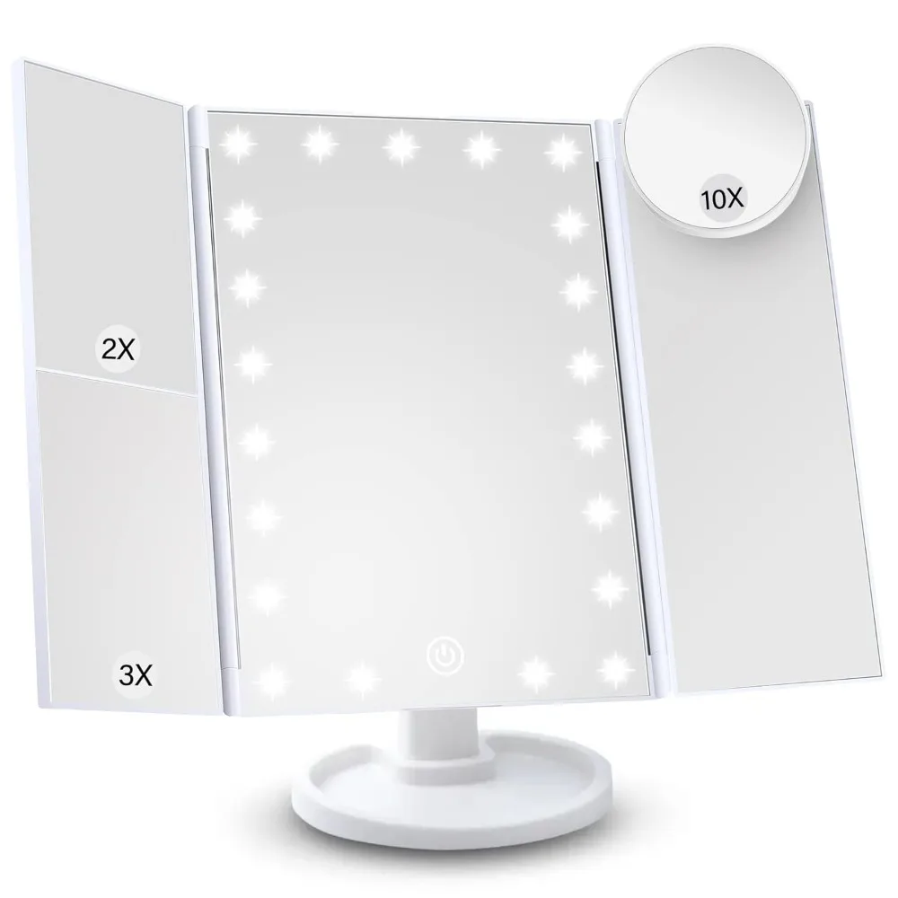 Kosmetikspiegel mit Licht, 2 x/3 x/10 x Vergrößerung, beleuchteter Kosmetikspiegel, Touch-Steuerung, dreifach faltbar, Dual-Stromversorgung, tragbar