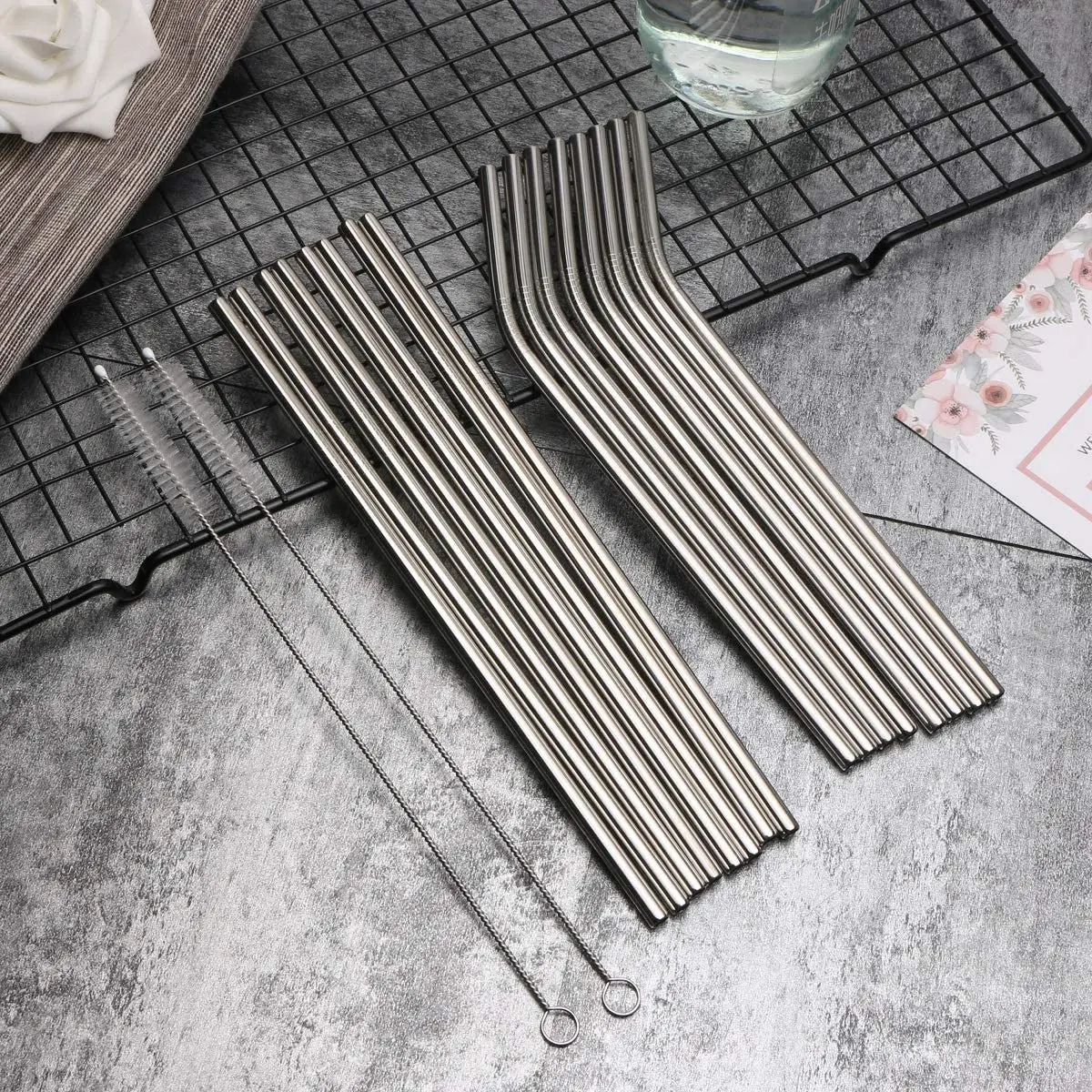 8 Stück umweltfreundliche wiederverwendbare Trinkhalme mit Reinigungsbürsten, 21,6 cm, 304 Edelstahlstrohhalme für Bar, Cocktail, Metallstrohhalme Image