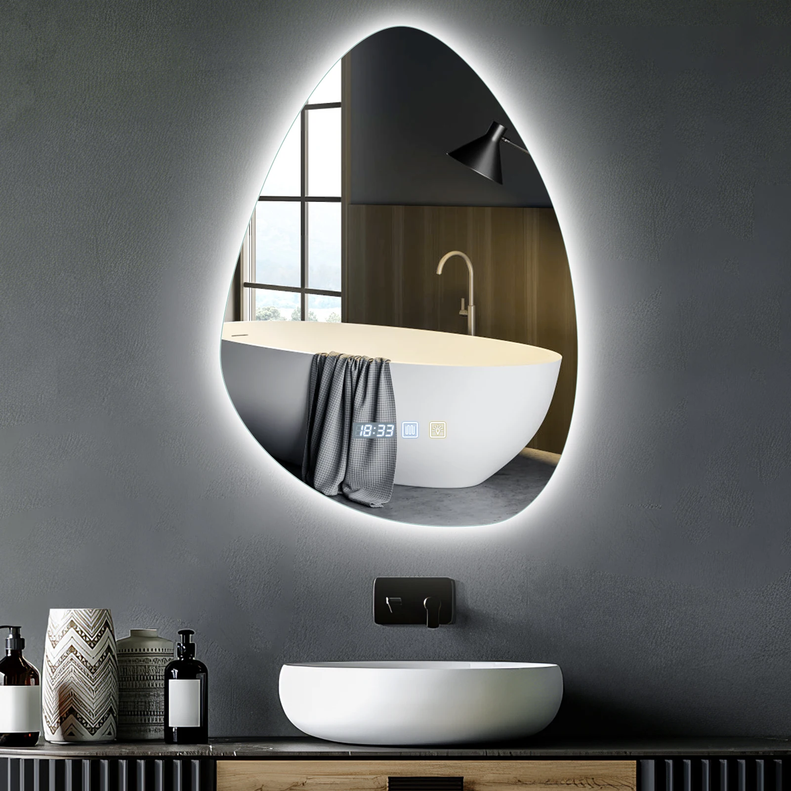 LED-Badezimmerspiegel mit Licht, tropfenförmiger Wand-Kosmetikspiegel, 3 Farben, LED-Badezimmer-Kosmetikspiegel mit zeitbeschlagenden Spiegeln