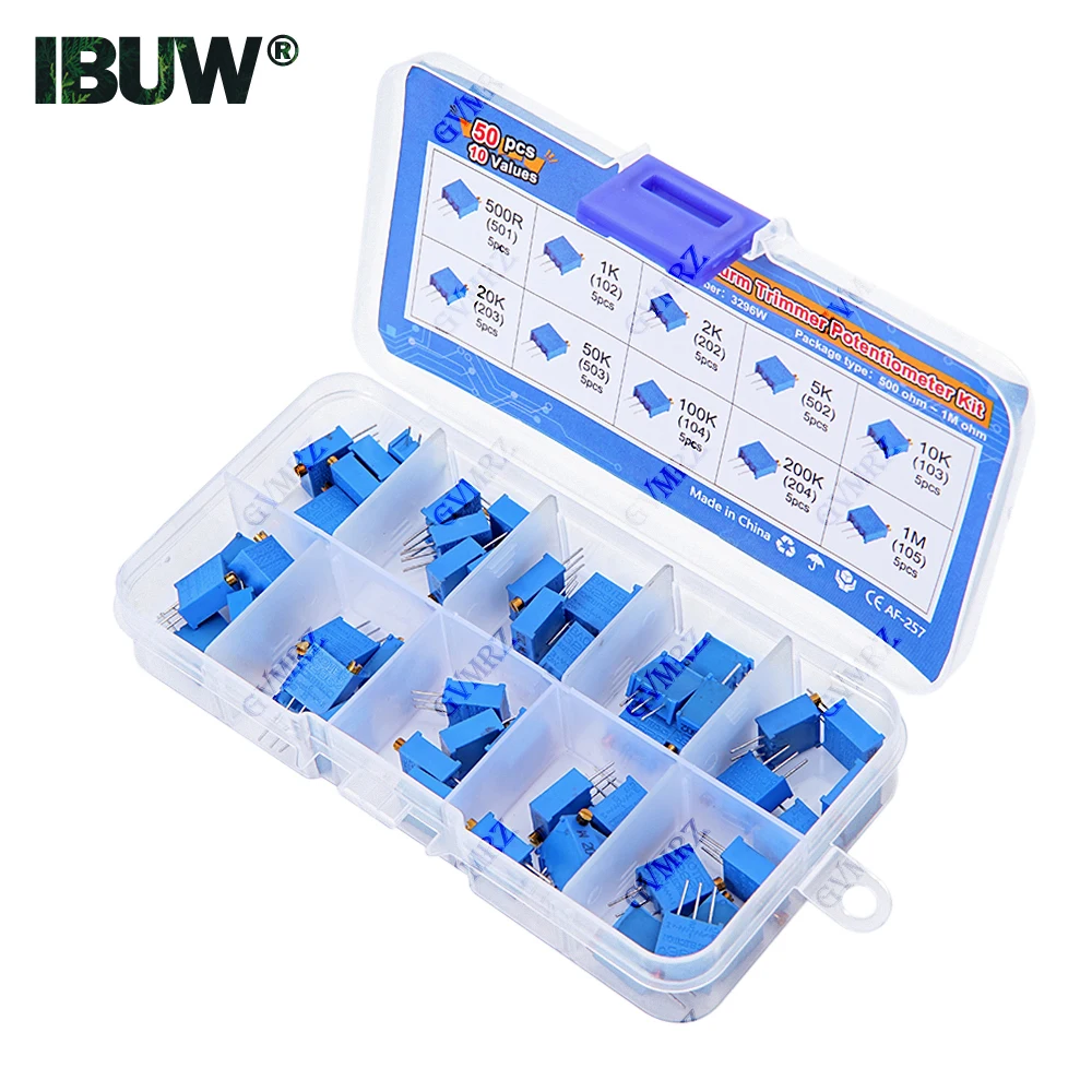 50PCS 10Werte 3296W Multiturn Trimmer Potentiometer Kit (500Ω-1MΩ) in Box für Präzisions-Schaltungsabstimmung und Elektronik-DIY Image