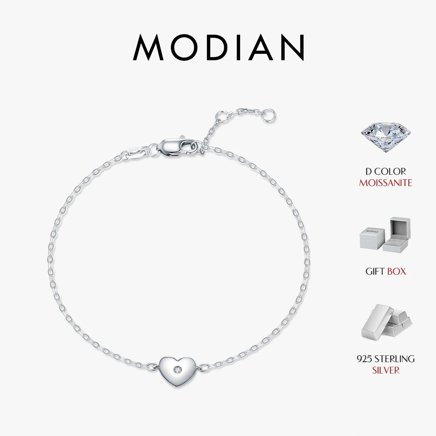 MODIAN D Farbe Moissanit Armband 925 Sterling Silber Einfache Herz Täglichen Link Kette Armband Für Frauen Edlen Schmuck Mit Box Image