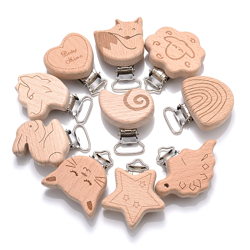 5 Teile/los 16 Stil Buche Holz Clip Herz Tiere Regenbogen Form Dummy Clips für Baby Schnuller Kette Halter Beißring Zubehör Image