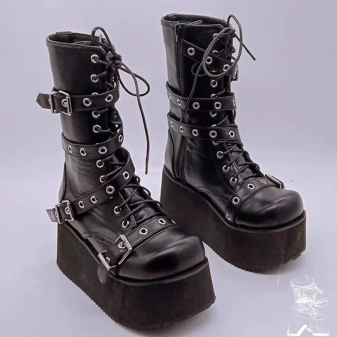 Plus Größe 43 Herbst Frauen Stiefel Schnalle Runde Kappe Keile Plattform Stiefel Punk Goth INS Frauen Straße Schuhe Kampf Stiefel für Frauen