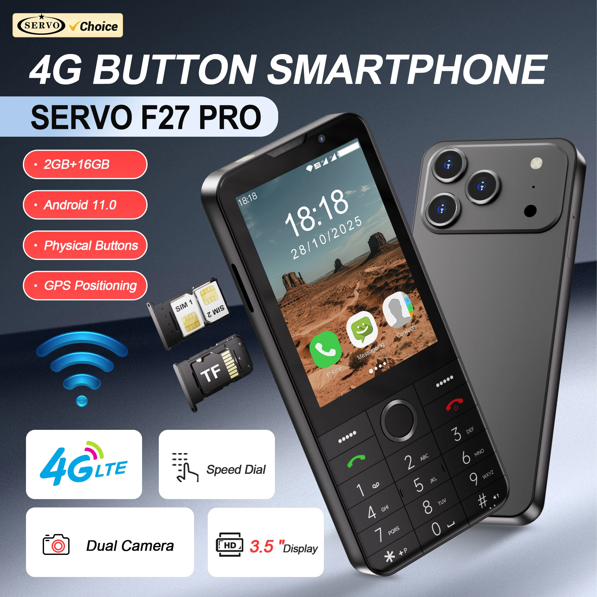 SERVO F27 PRO 4G LTE-Taste Smartphone Android 11.0 System 2 GB + 16 GB Play Store Speed Dial WiFi 3,5-Zoll-Touch-Display-Smartphones