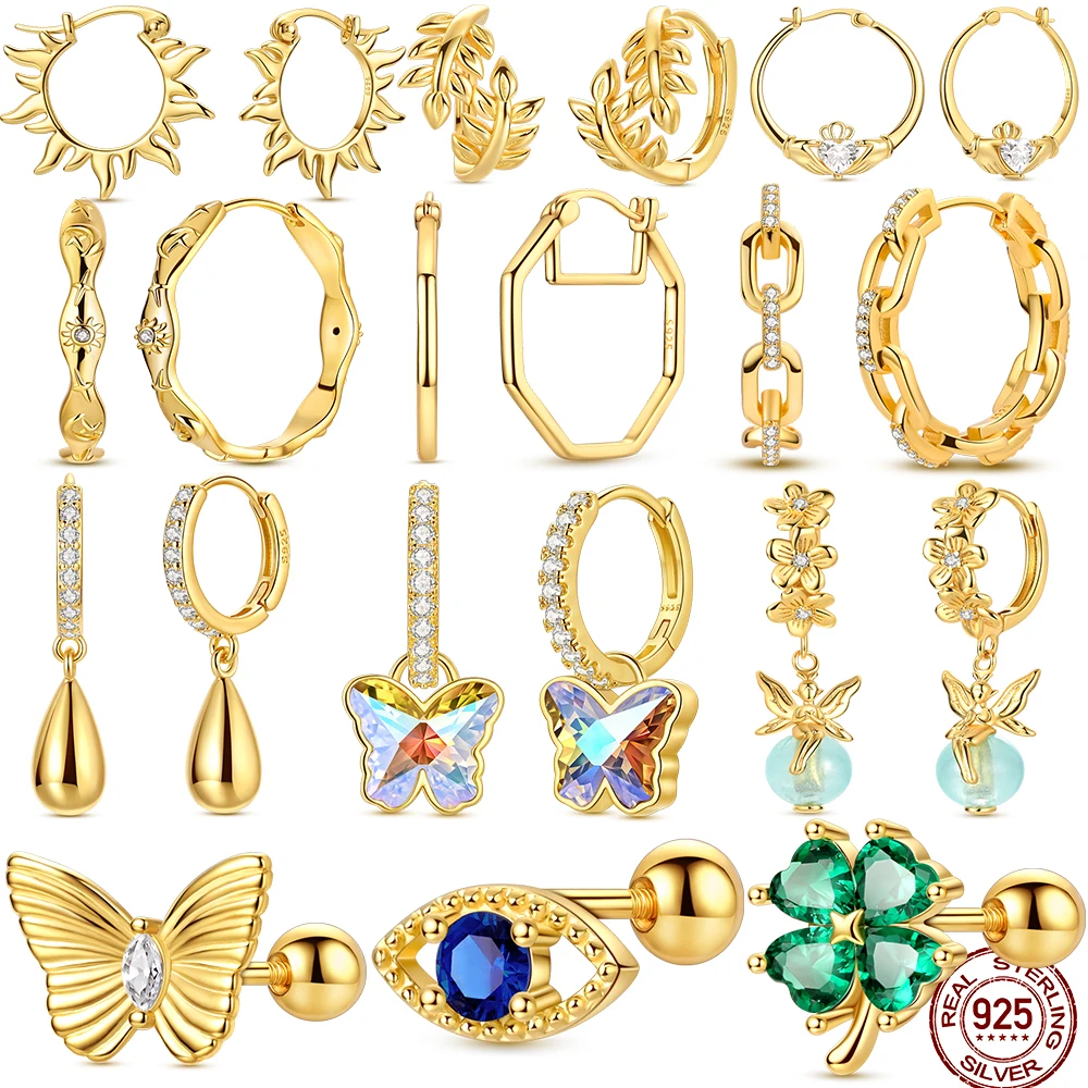 925 Silber Ohrring Gold Serie Creolen für Frau Schlange Herz Stern Original Pendientes Modeschmuck Image