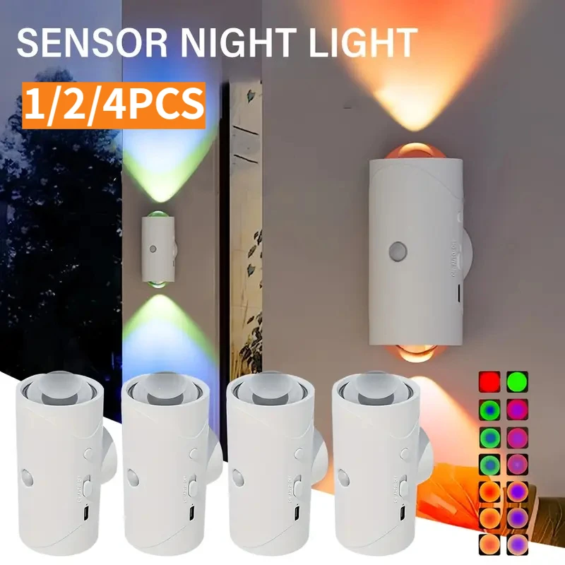 1/2/4PCS USB wiederaufladbare RGB LED Nachtlichter mit Bewegungsmelder Wandleuchte dimmbar Umgebungslicht für Innen Schlafzimmer Veranda Schritt