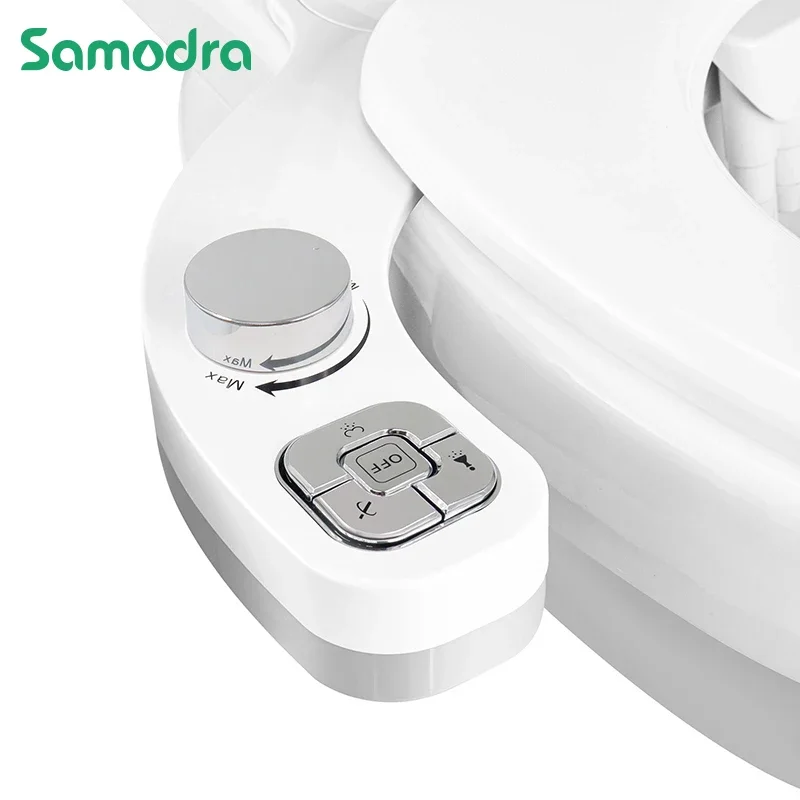 SAMODRA Knopf-Bidet – nicht elektrisch, selbstreinigende Doppeldüse (vorne und hintere Waschung), Süßwasser-Bidet, Toilettensitzaufsatz