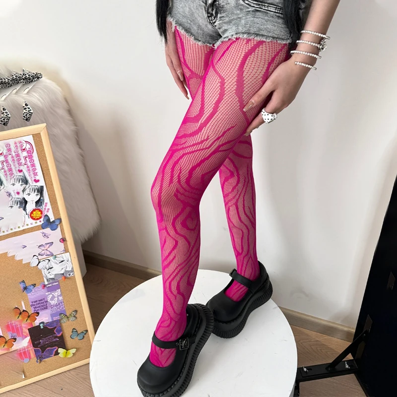 Y2k Mode Gothic Blume Aushöhlen Sexy Strumpfhosen Frauen Fishnet Wein Rot Ins Heiße Mädchen JK Strumpfhosen Hohe Elastische Hipster Leggings