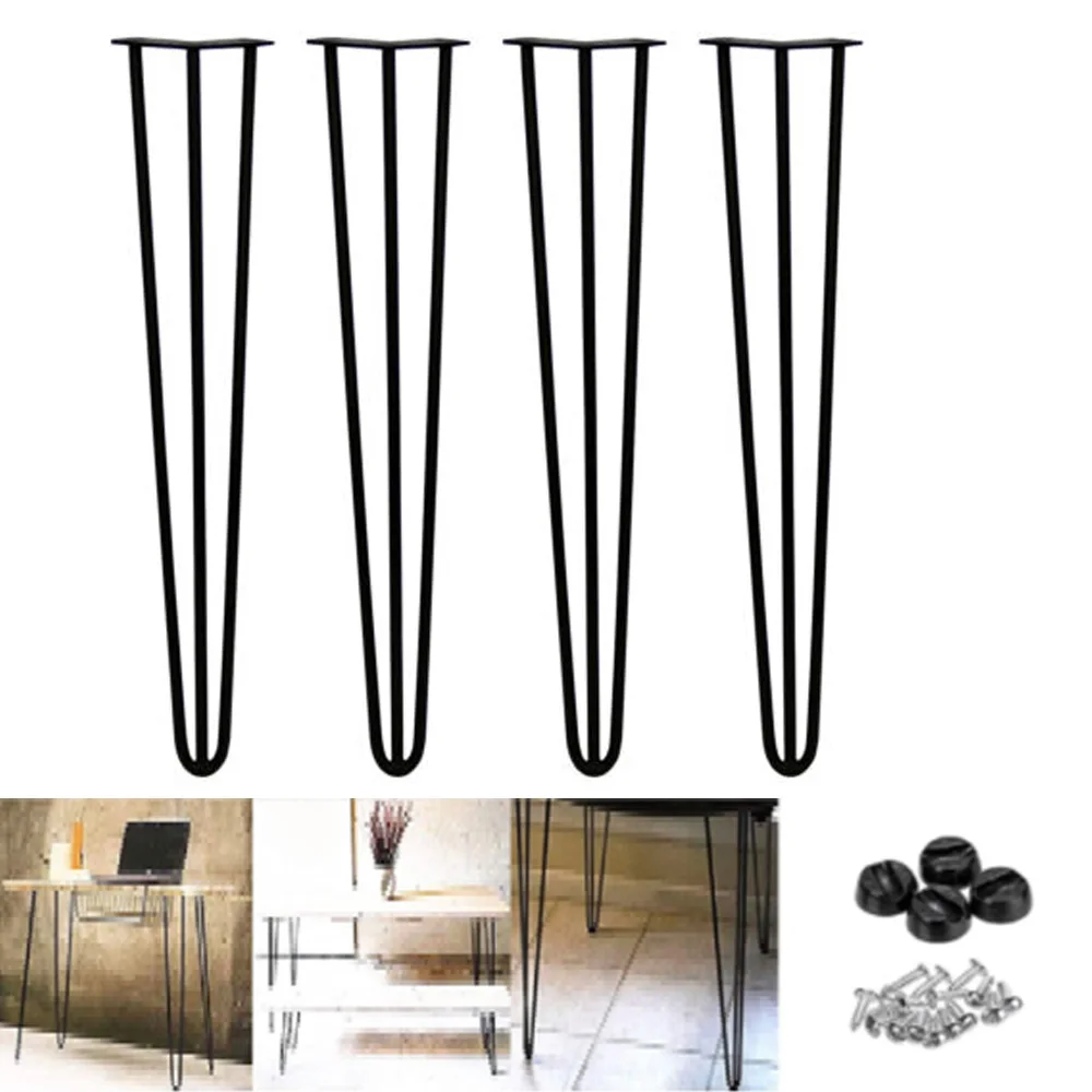 4 x Haarnadel-Tischbeine, Haarnadelbeine-Set, Metall-Stahlbeine, 10 mm, 3 Stangen, moderner Stil mit kostenlosem Fußschutz und Schraube für Möbel Image
