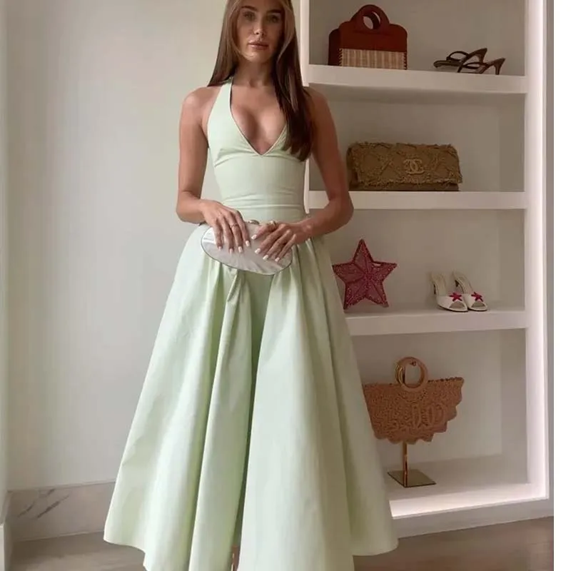 YENKYE Sexy Backless Grün Elegante Halter Kleid Für Frauen Niedrige Taille A-line Midi Sommer Abend Party Kleider Baumwolle Robe