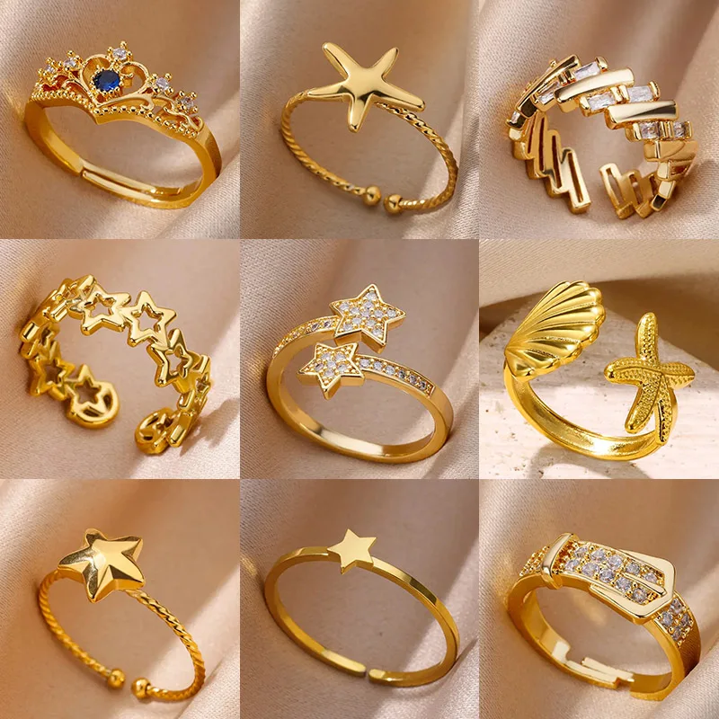 Zirkon Doppel Stern Ringe Für Frauen Gold Farbe Edelstahl Öffnung Sterne Finger Ring Hochzeit Party Ästhetischen Schmuck Geschenk