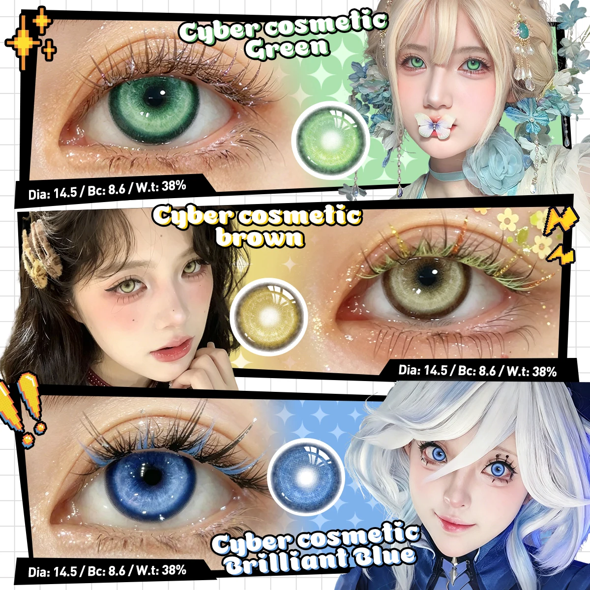 VISUASHOW Cosplay Anime Kontaktlinsen Cyber Kosmetik Halbjährlich Nutzbare Blaue Augen-Schönheitslinsen für Party und Tägliches Make-up Image
