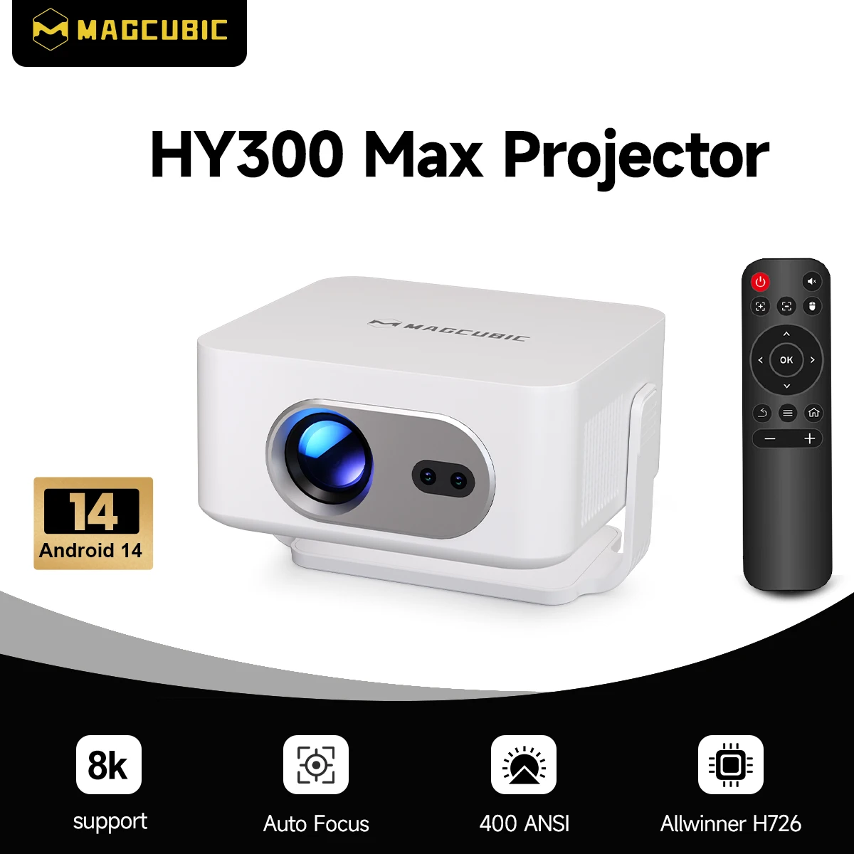 Magcubic HY300Max 400ANSI 8K Native 720P Autofokus Android 14 Projektor mit Wifi6 BT5.4 Allwinner H726 Tragbarer Outdoor-Projektor Image