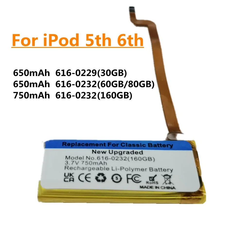 750-mAh-Akku mit hoher Kapazität für iPod 5. Generation, Video 30 GB und 6. Generation, klassisch, 80 GB, 120 GB, 7. Generation, 160 GB. Schneller Versand Image