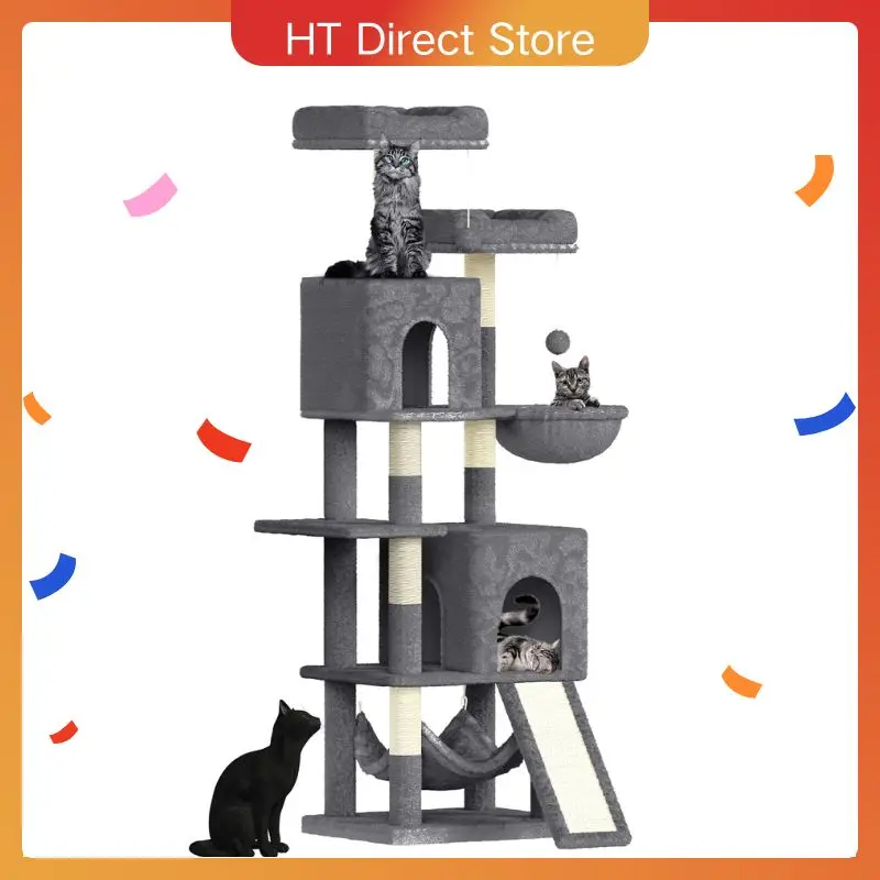 Dogat Katzenkratzbaum 158cm – Kletterturm mit 7 Kratzsäulen, 2 Häusern & 2 Hängematten, für Hauskatzen Image