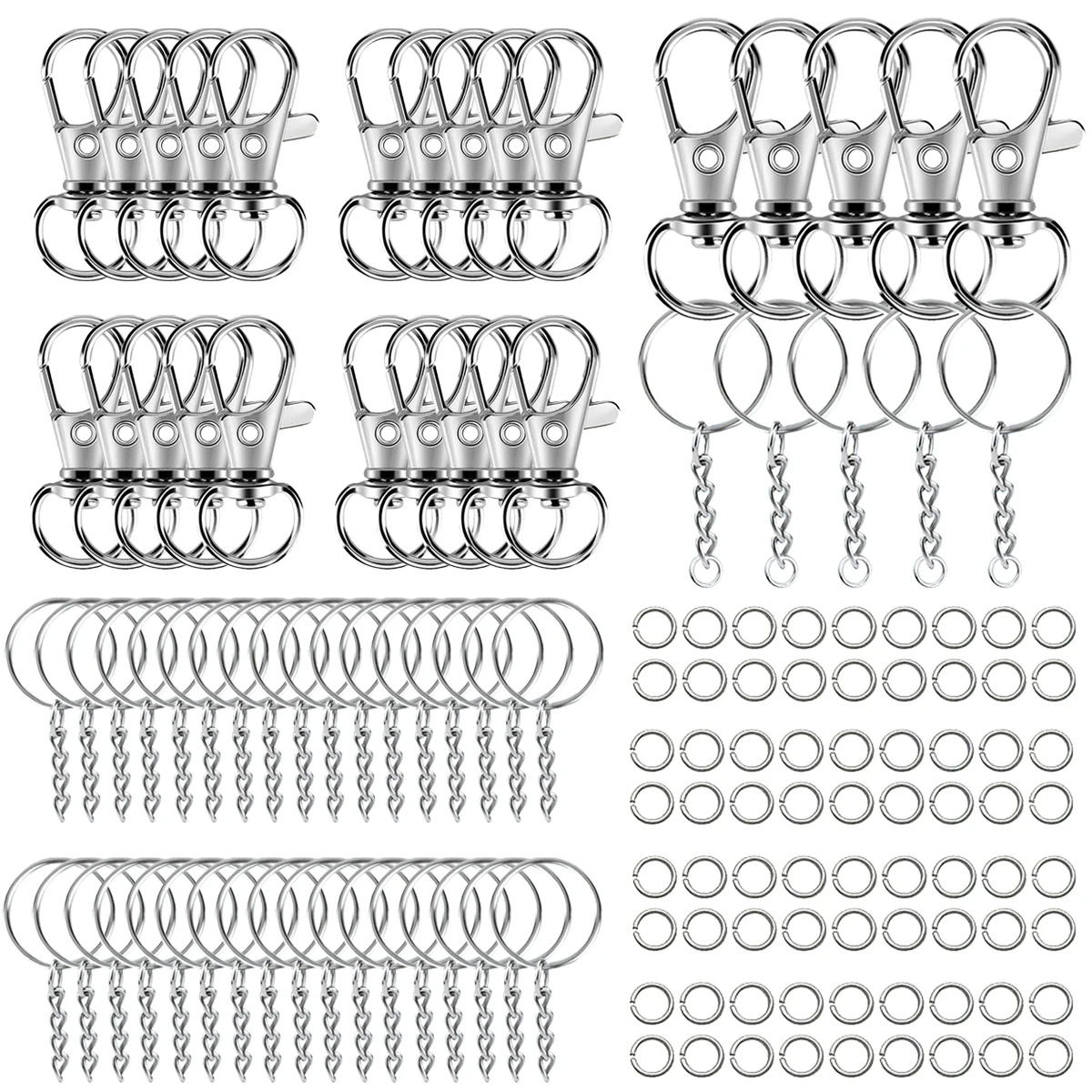 10/20 SETS Drehverschluss-Haken, Metall-Federkette, Schlüsselanhänger, Karabinerverschluss, offene Schlüsselanhängerkette und Biegeringe, Großpackung Schlüsselanhänger-Lanyard Image