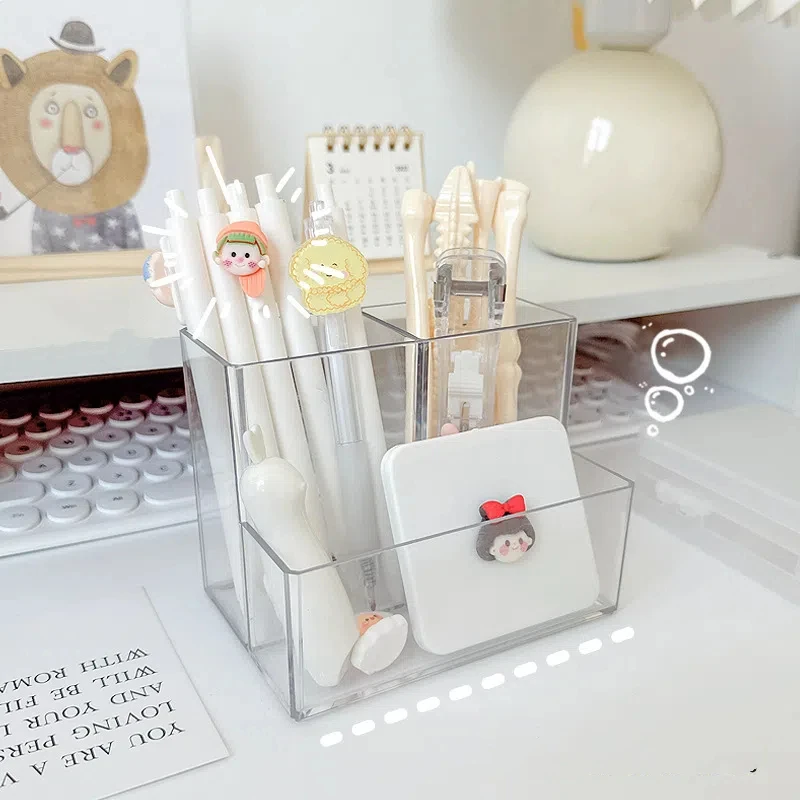 1/2 Stück transparente 3-Gitter-Stifthalter-Box für Make-up-Pinsel, Eimer, Kosmetik-Organizer, Studenten-Schreibtisch, Stiftbehälter, Aufbewahrungsbox Image