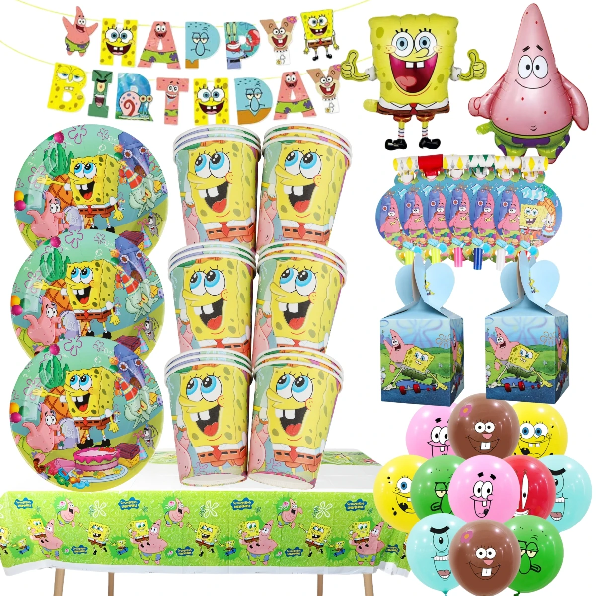 Cartoon SpongeBob Thema Geburtstag Party Ballon Einweg Geschirr Maske Flagge Candy Box Rucksack Baby Shower partei liefert Image