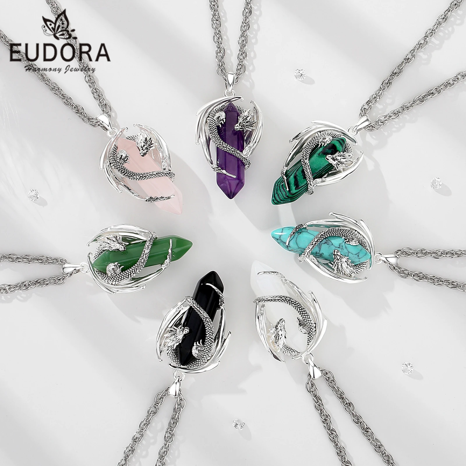 Eudora Dragon Twining Sechseckige natürliche Obsidian prismatische Halskette Punk Türkis Amethyst Jade Anhänger Malachit Schmuck Geschenk