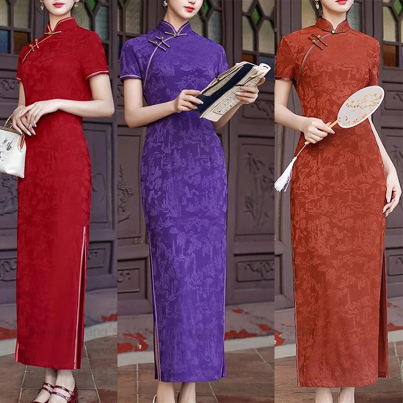 Große Größe 3Xl 4Xl Chinesisches Kleid Frauen Elegante Cheongsam Verbesserte Tradition China Qipao Jacquard Vestidos Team Bühne Zeigen Kostüm