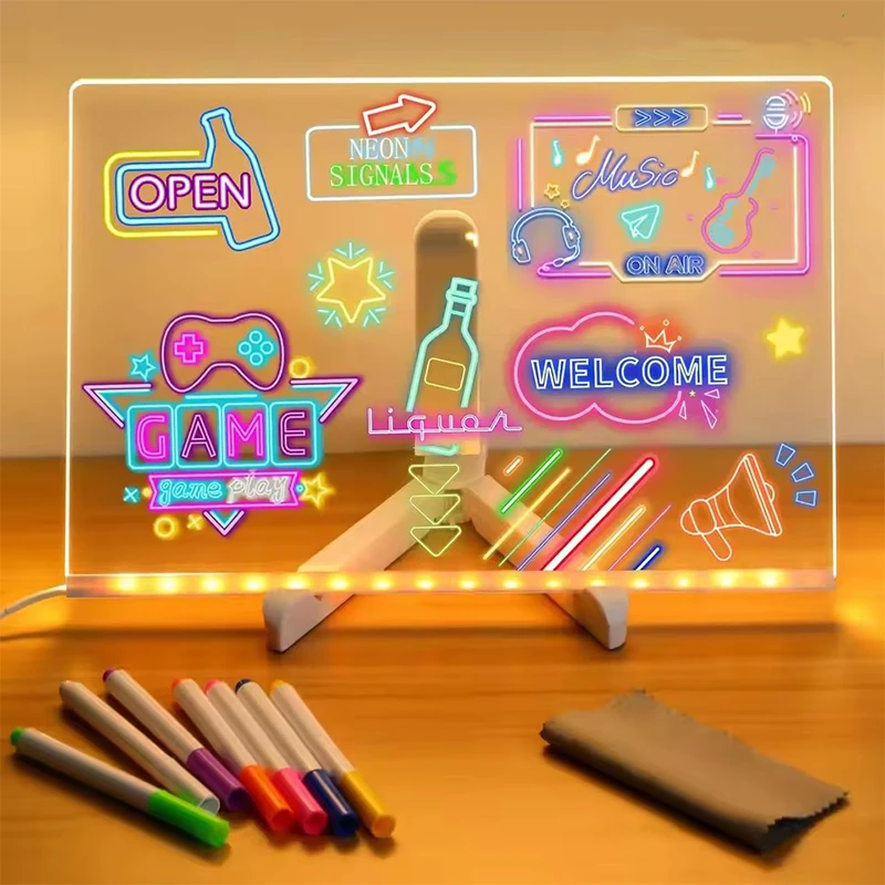 LED-Notiztafel mit Nachtlicht, bunt, 7 Stifte, DIY-Acryl-Nachrichtentafel, Kinder-Zeichenbrett für Kinder, Geburtstagsgeschenk Image
