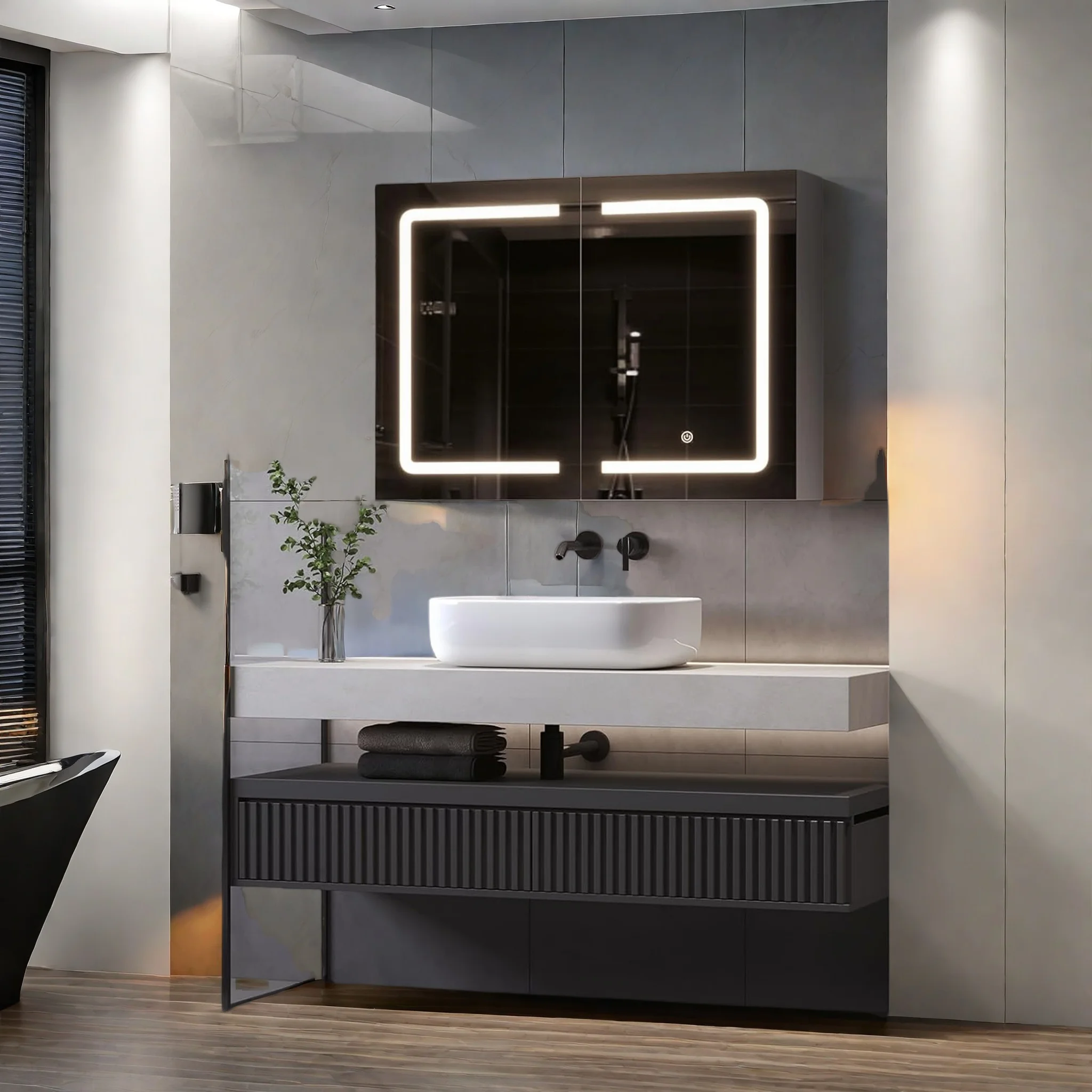 Badezimmer-Spiegelschrank mit LED-Beleuchtung und Steckdosen, Badezimmerschrank mit verstellbaren Glastrennwänden und Ablageflächen, 70x90 cm, geeignet für Badezimmer, weiß