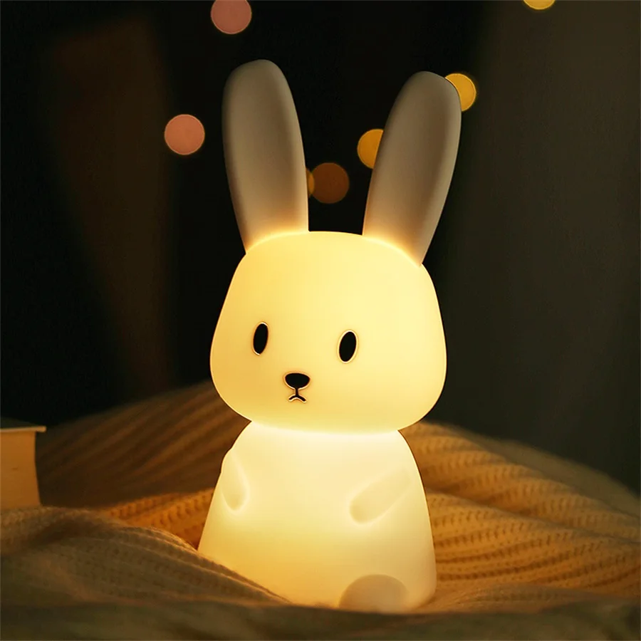 LED Nachtlicht niedlichen Kaninchen Tier Cartoon Silikon Lampe Dimmbare USB Aufladbare Für Kinder kinder schlafzimmer geschenk Schlafen licht Image