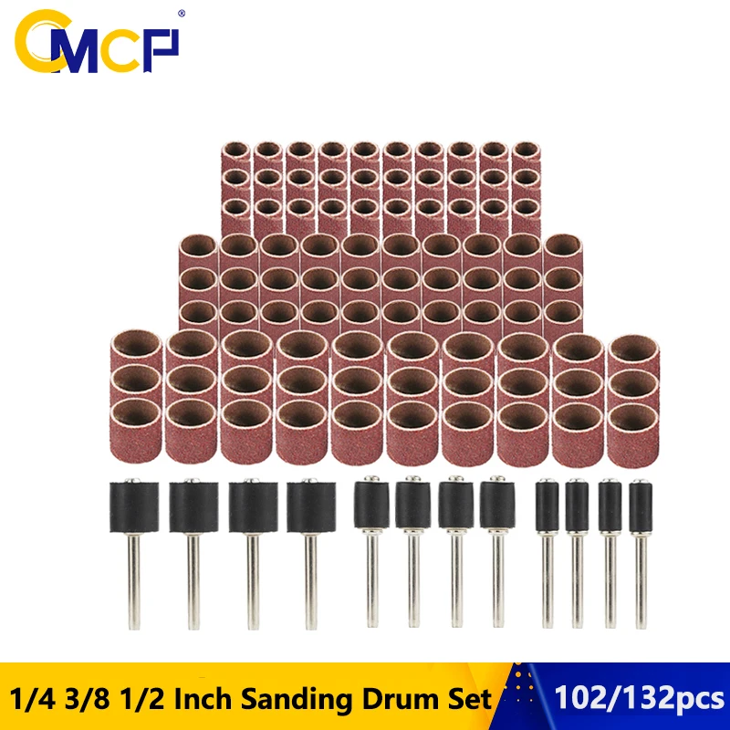 CMCP 102/132 Stück Schleiftrommel-Set 1/4 3/8 1/2 Zoll Schleifbänder mit Schleifdornen für Nagel-Dremel-Zubehör Image