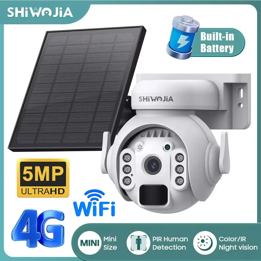 SHIWOJIA 3K 5MP 4G SIM Kamera Solar Panel Sicherheit PTZ Kamera Nachtsicht PIR Menschlichen Erkennung Überwachung Solar batterie Kamera Image