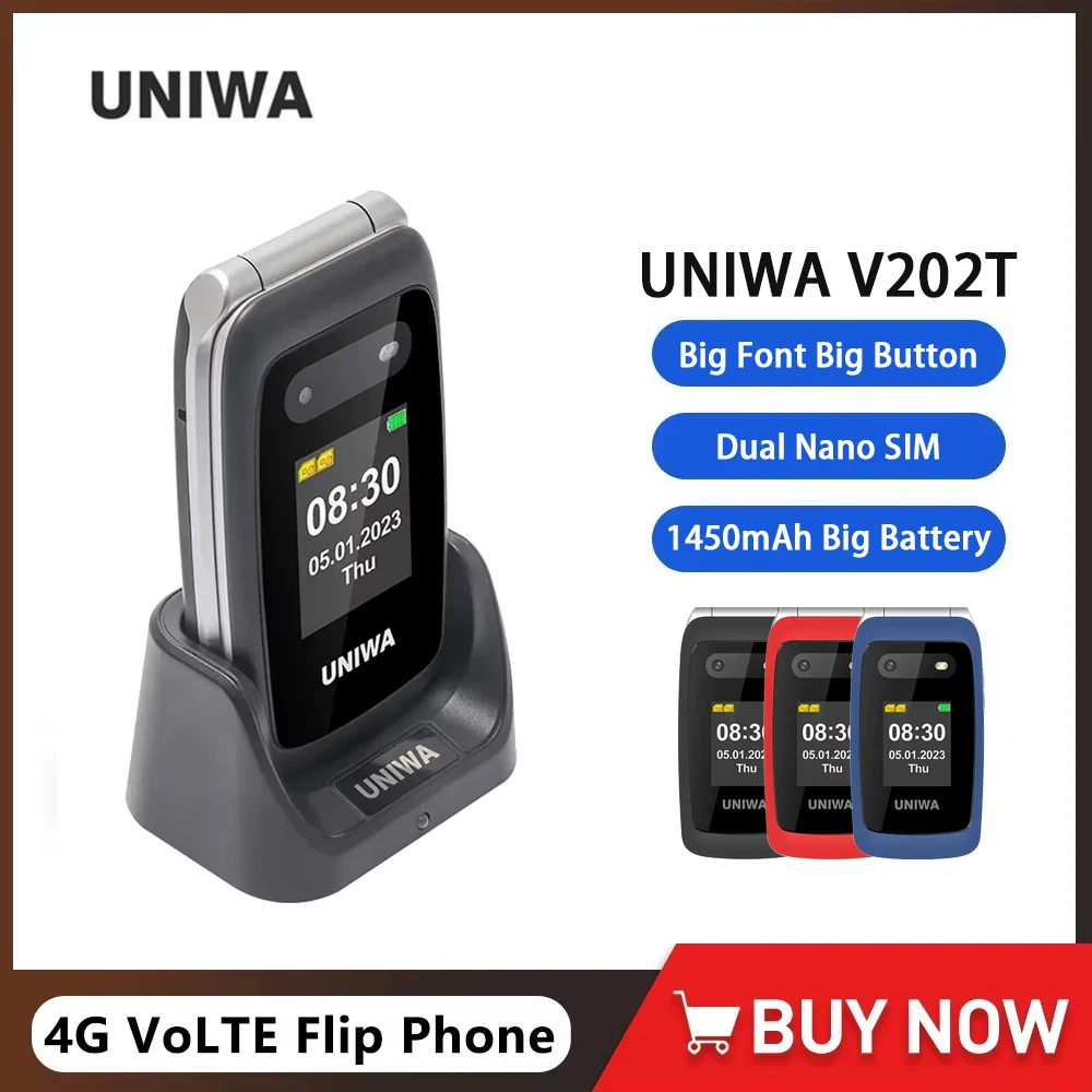 UNIWA V202T 4G VoLTE Klapphandy Dual-Screen-Mobiltelefon 0,3MP Kamera 1450mAh FM-Radio Telefon Russische Tastatur Global