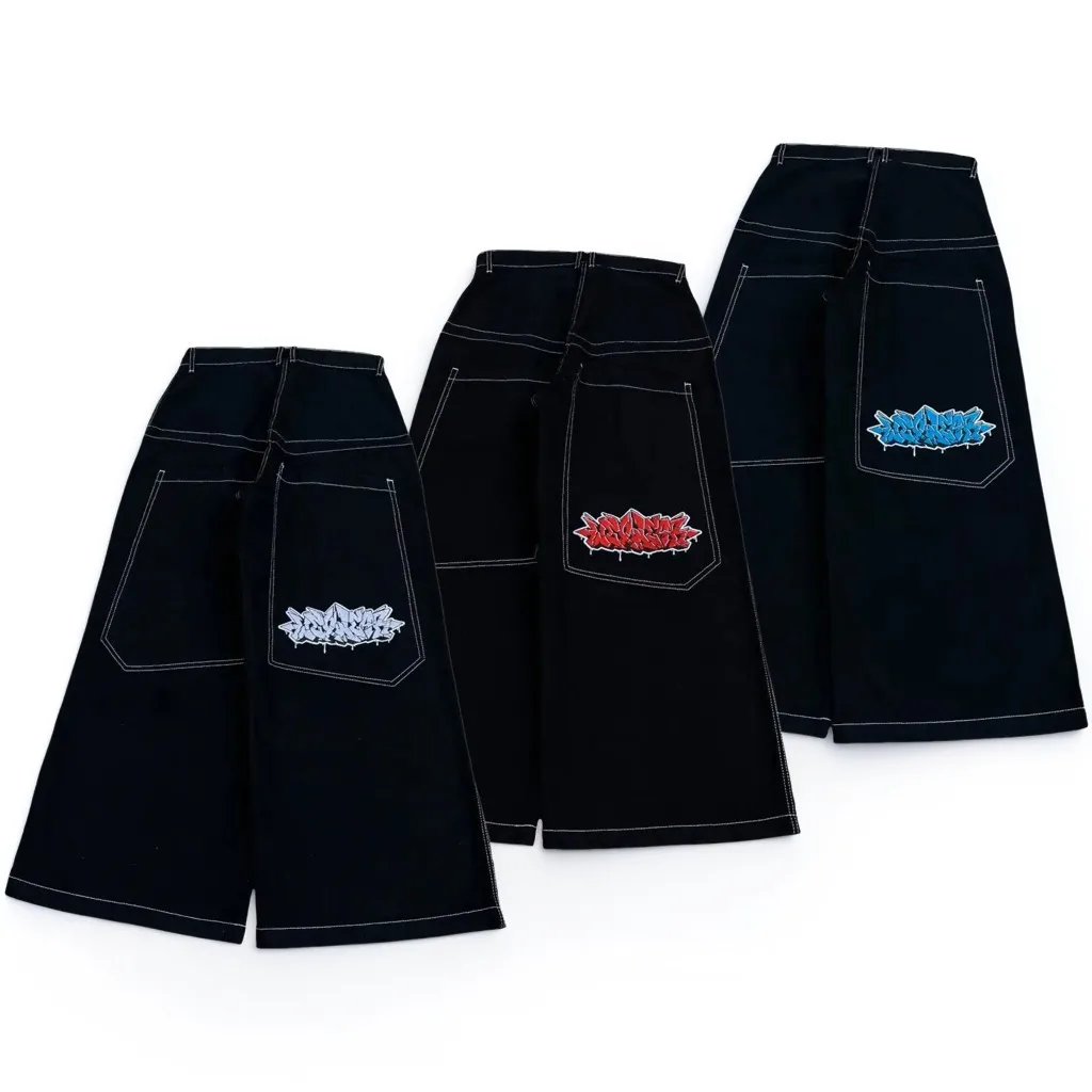 Y2k Baggy Neue Wexwear Streifen Schwarze Hosen Gestickte Jeans Streetwear Männer Harajuku Hip Hop Frauen Hohe Taille Breite Hosen