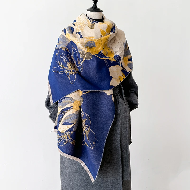 Neue 2024 Luxus Marke Elegante Lotus Design Frauen Winter Kaschmir Schal Dicke Warme Schal Wraps Pashmina Weiche Dame Halstuch