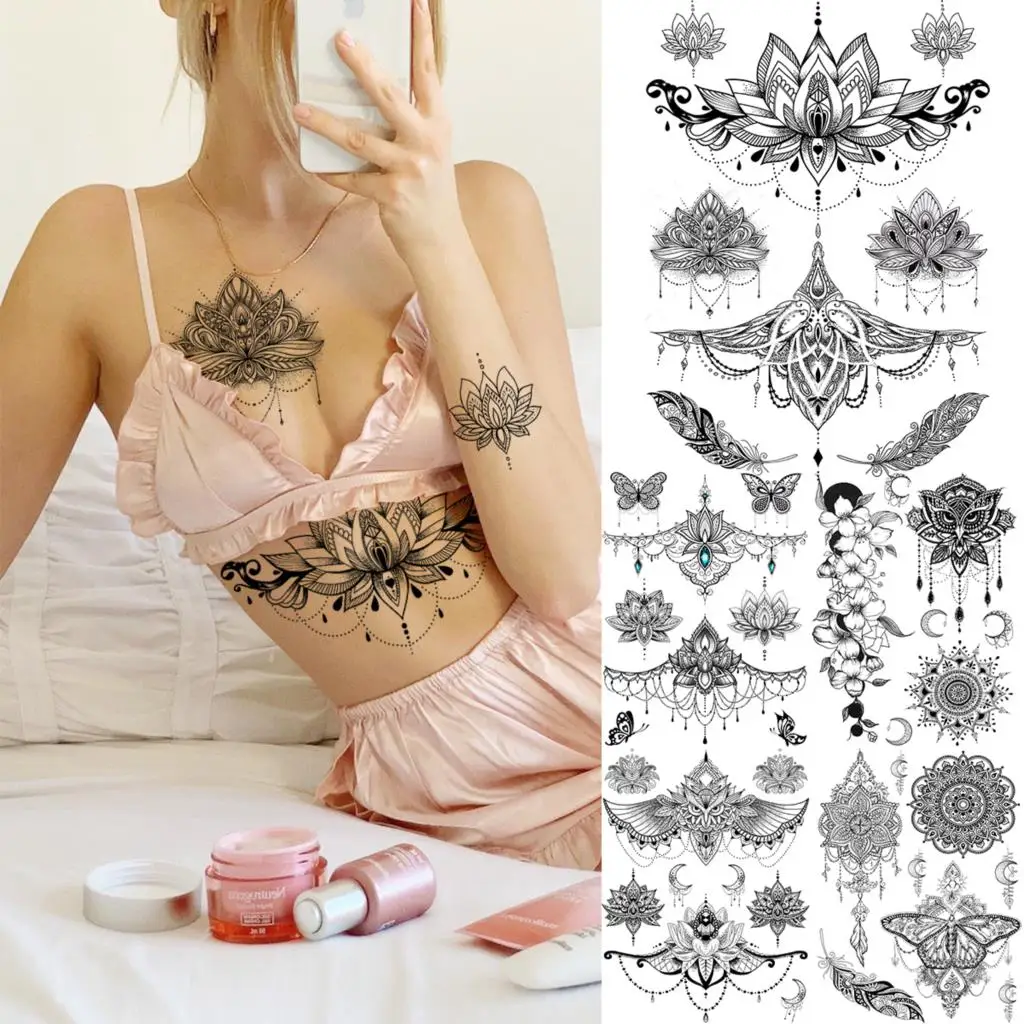 Schwarz Mandala Lotus Anhänger Sexy Henna Temporäre Tattoos Für Frauen Underboob Erwachsene Schmetterling Feder Gefälschte Tattoo Arm Tatoos Image
