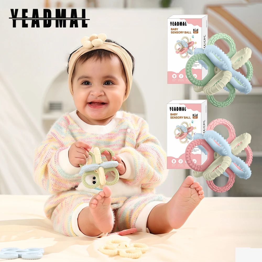 Beißspielzeug 3 6 Monate für Kinder Mädchen Jungen, 3er-Pack Silikonrassel Kauspielzeug für Babys 6 12 18 Monate Neugeborene, kombinierbar Image