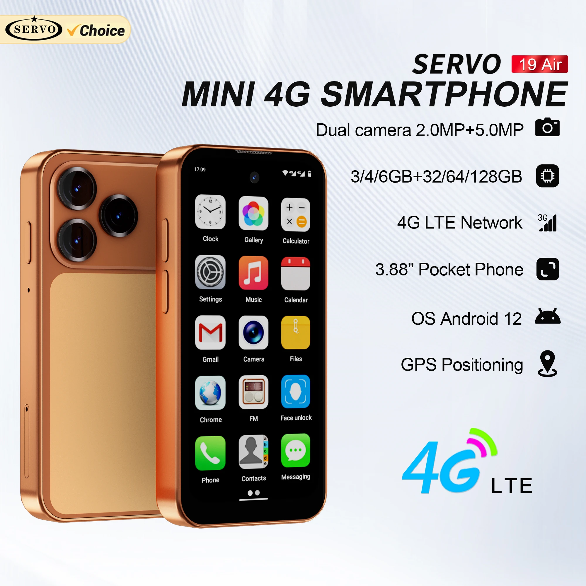 SERVO 19 Air 4G LTE Mini Smartphone Android 12.0 System 6 GB + 128 GB Play Store Face Unlock GPS Dual SIM 3,88 Zoll kleine Smartphones