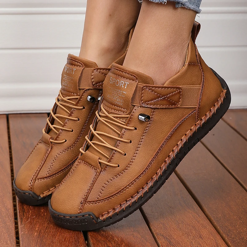 Handgefertigte Damen-Loafer aus Leder, lässig, bequem, weiche Sohle, hochwertige Motorradstiefel, modische britische Tennis-Nude-Stiefel