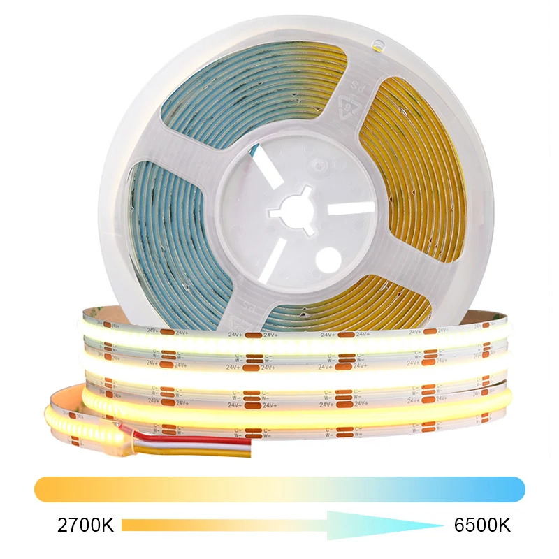 CCT-COB-LED-Streifenlichter, hohe Dichte, 608 LEDs/m, flexibel, dimmbar, FOB-LED-Band, 2700 K bis 6500 K, wechselbare LED-Beleuchtung, DC12 V, 24 V