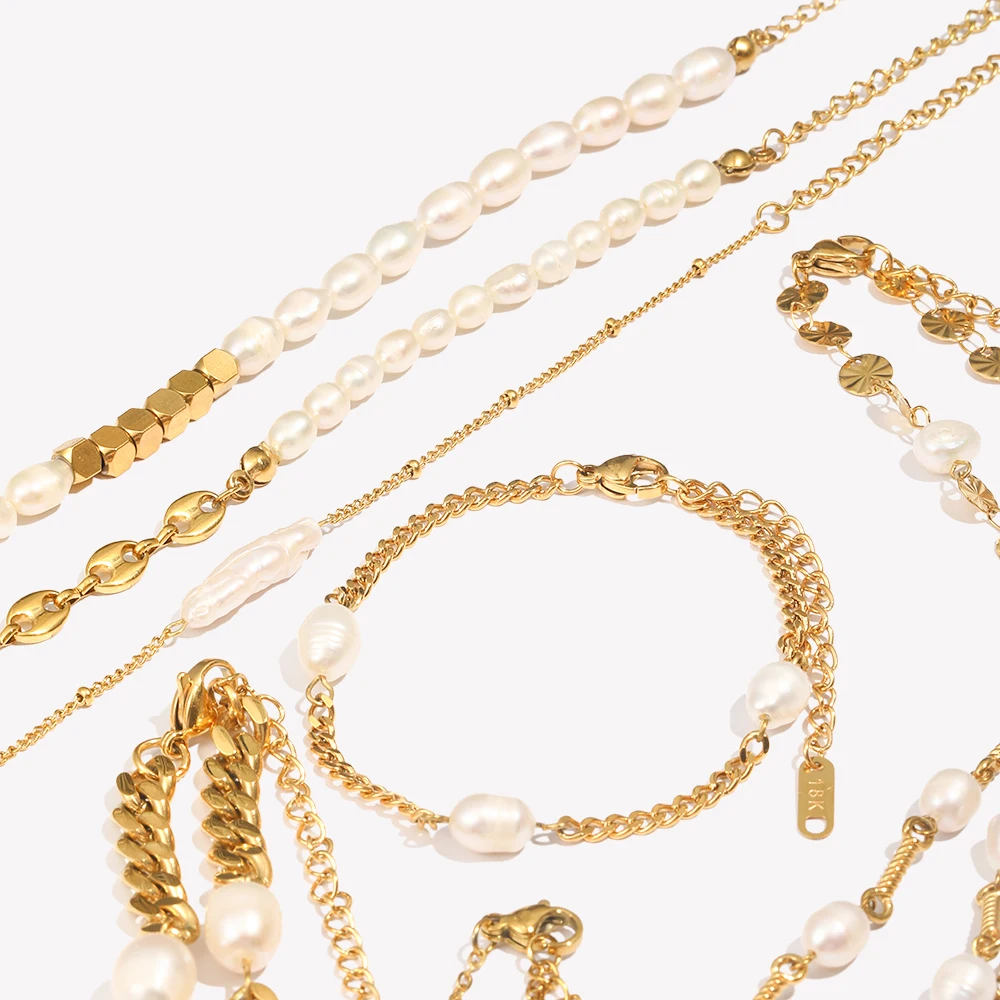 E.B.belle Eleganter Stil Edelstahl Süßwasserperlen Armbänder 18 Karat vergoldet Party Hochzeit Frauen Handschmuck