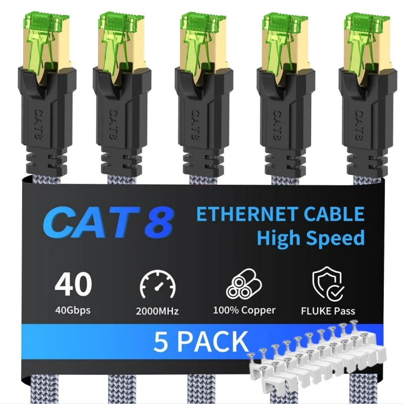MIZIQIER 5er-Pack langes CAT8-Flachnetzkabel 40 Gbit/s SFTP RJ45 LAN Cat 8 Kabel-Patchkabel für Modem-Router Gaming PC PS4/5/6 Xbox Image