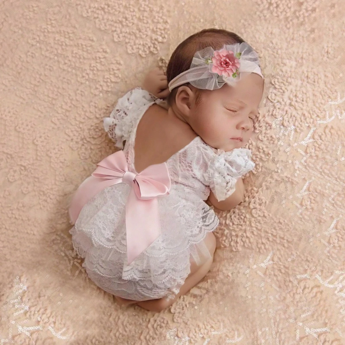 Ylsteed Neugeborenen Spitze Strampler mit Stirnband Baby Mädchen Band Schleife Fotografie Spitze Outfit Kleinkind Foto Requisiten Image