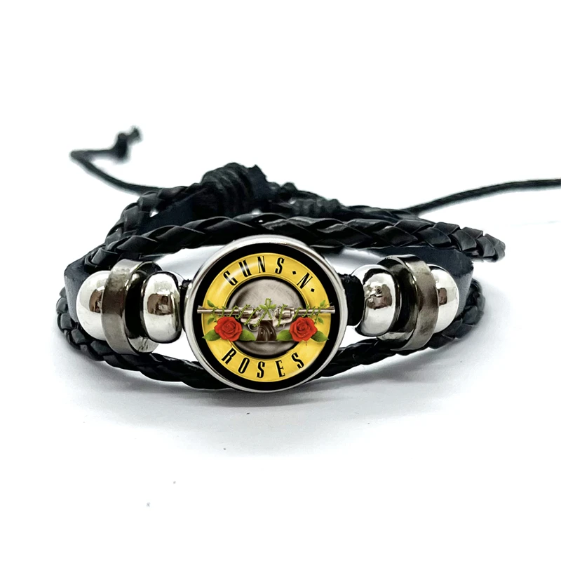 Neueste Waffen n Rosen Rock Band Armband Punk Guns und Rosen Band Logo Druck Glas Edelstein handgemachte mehr schicht ige geflochtene Armreif Geschenk
